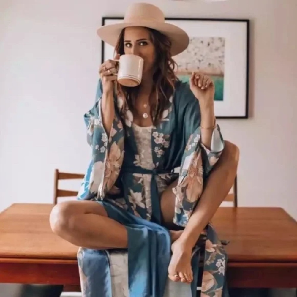 SOLD OUT Blue Floral Bohemian Peacock Kimono Duster Robe - Picture 1 of 7